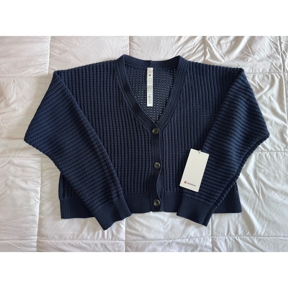 lululemon athletica Sweaters - New Lululemon Size Large Cotton Crochet Mesh Relaxed-Fit Cardigan Club Blue NWT